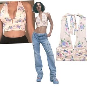 Zara floral flower ruched draped corset halter crop top Sz M NWT